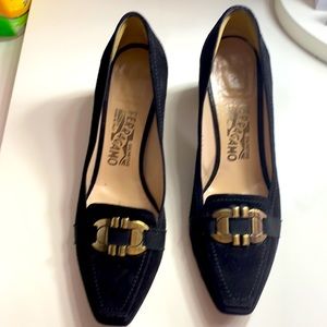 Black suede Ferragamo block heel